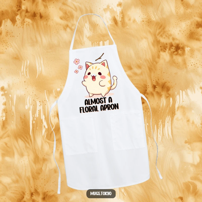 Funny apron with a surprised taiyaki character, tail wagging, dodging falling cherry blossom, making cooking a humorous activity.