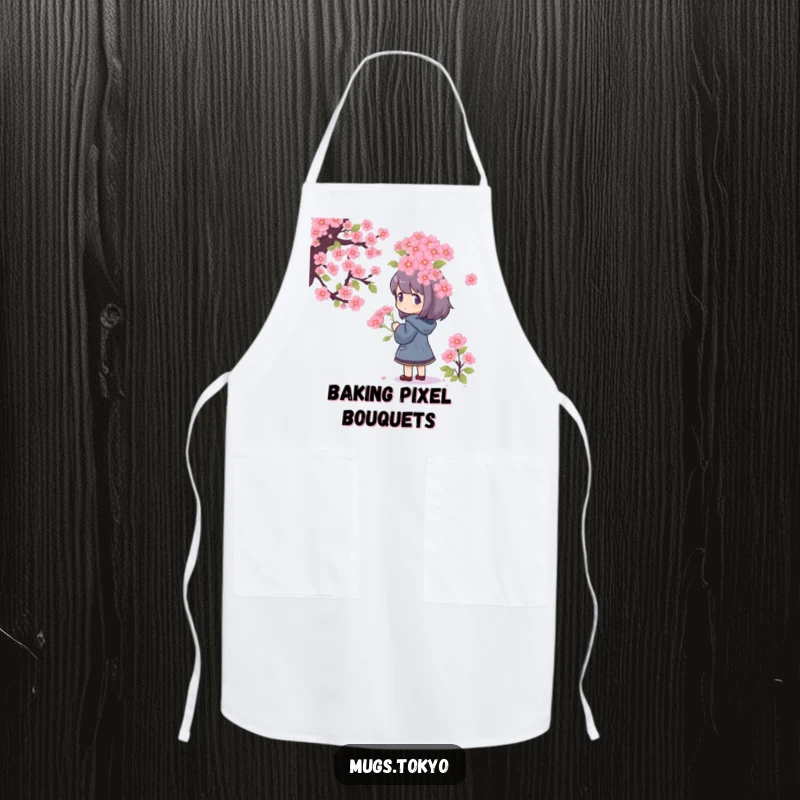 Funny Apron depicting a character admiring a giant pixelated cherry blossom bouquet, ideal for creative cooking and humorous kitchen wear.