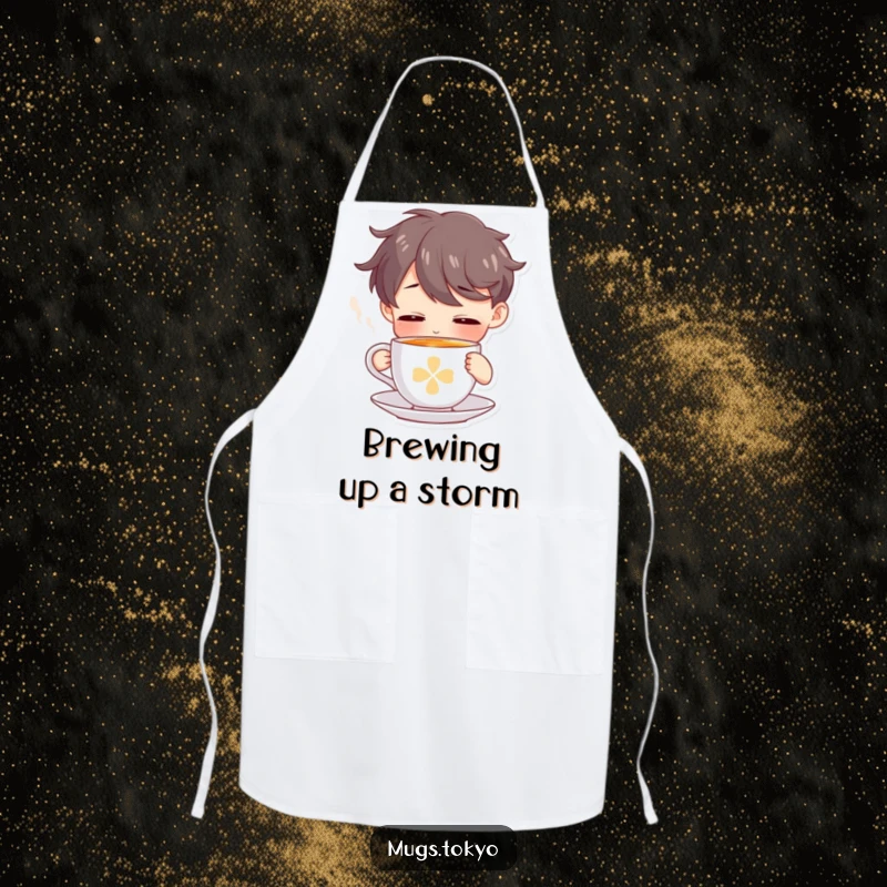 Funny apron featuring a character taking a peaceful break with a tiny, steaming tea cup, suitable for kitchens.