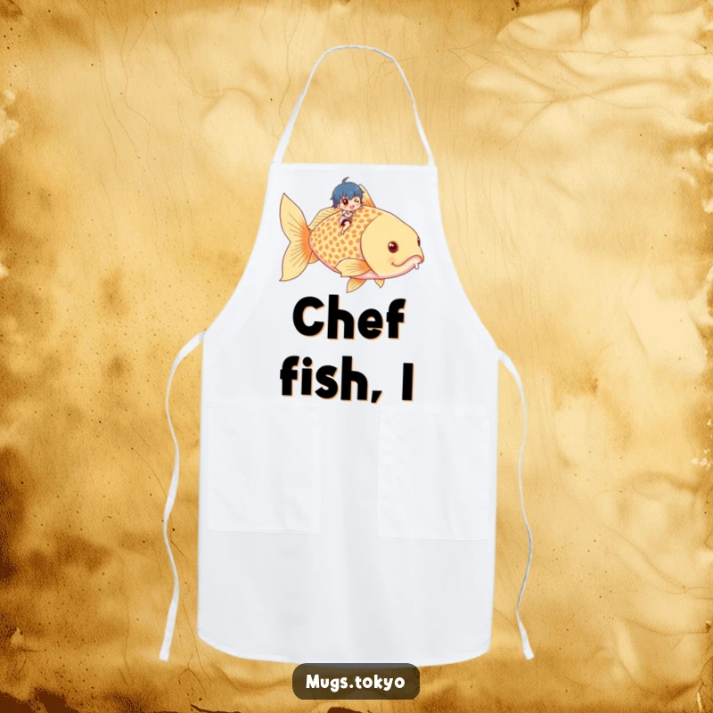 Funny apron with a tiny character joyfully riding a giant goldfish, ideal for humorous kitchen adventures.