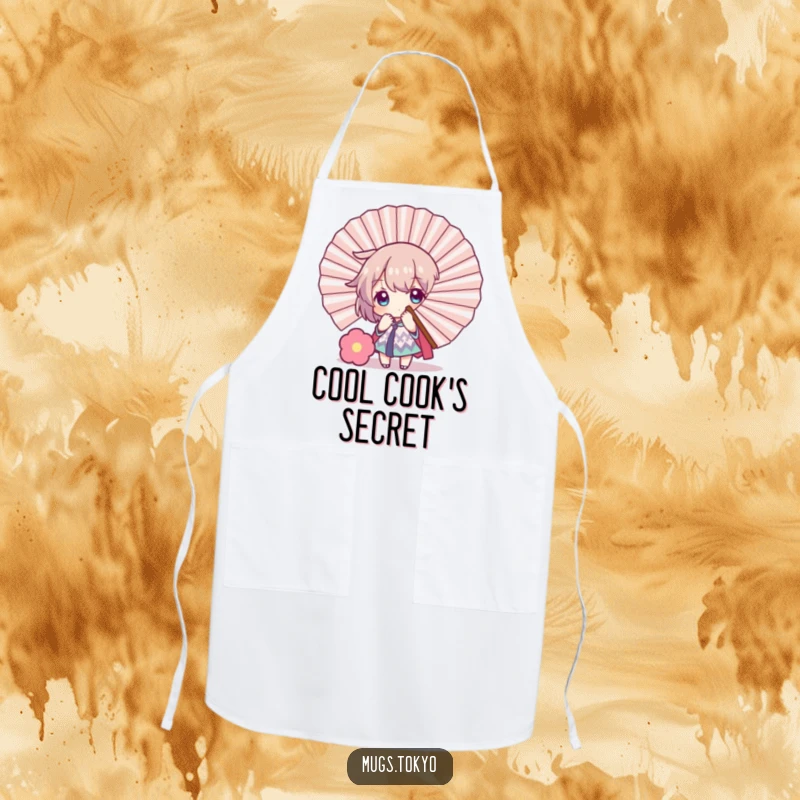 Funny apron showing a character playfully hiding behind a large decorative fan, perfect for a humorous and discreet kitchen experience.