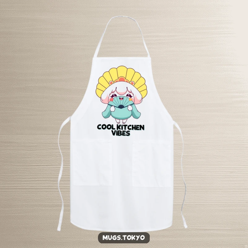 Funny apron with a smiling character holding a gigantic novelty fan, perfect for a cool and humorous cooking experience.