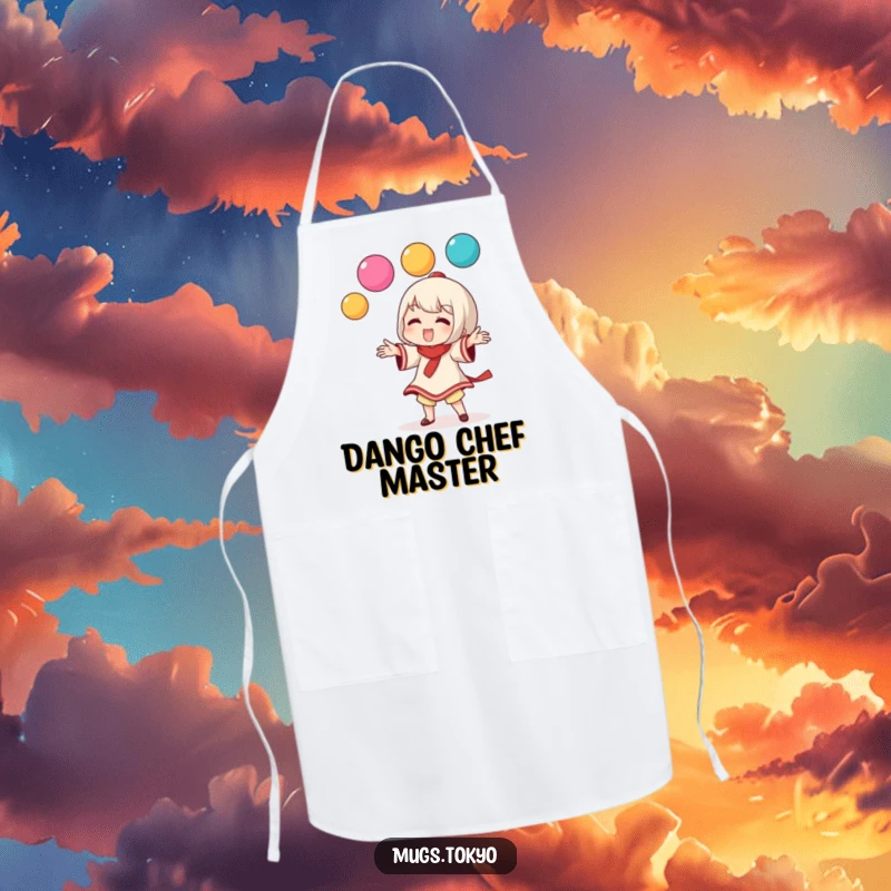 Funny apron featuring a character playfully juggling colorful dango balls, perfect for cooking with a whimsical touch.