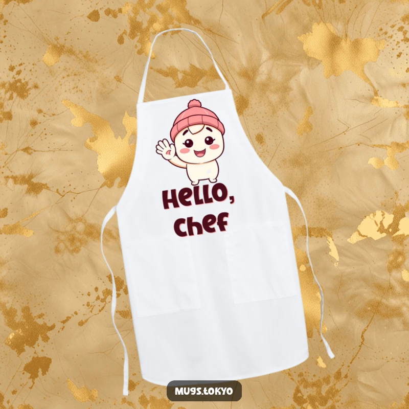 Funny apron featuring a character in a tiny beanie, waving hello with a smile. Humorous and functional kitchen wear.