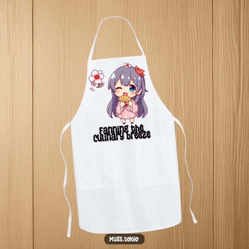 Funny cherry blossom fan apron featuring a cute character happily waving a fan with cherry blossoms, perfect for a cheerful cooking experience.