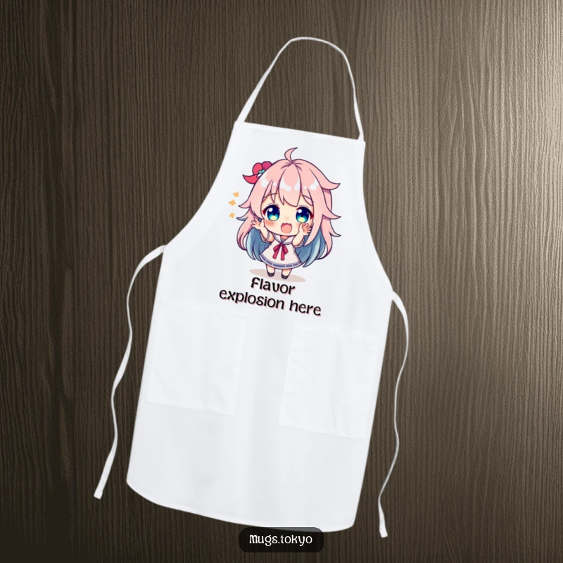 Funny character with bright, colorful hair making excited gestures on a practical and humorous kitchen apron.