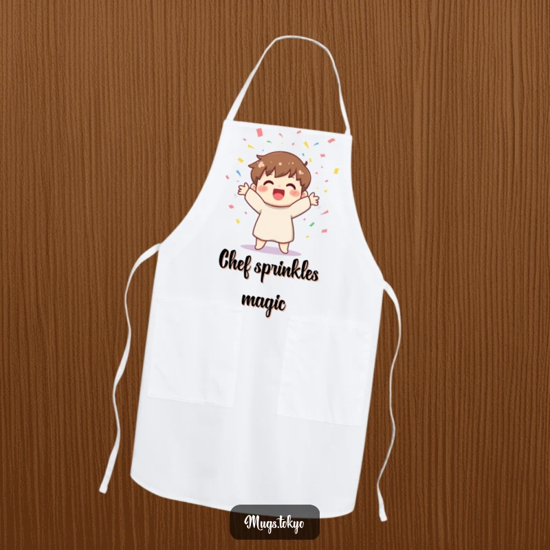 Funny apron with a cheerful character joyfully tossing colorful confetti, perfect for a festive and fun cooking experience.
