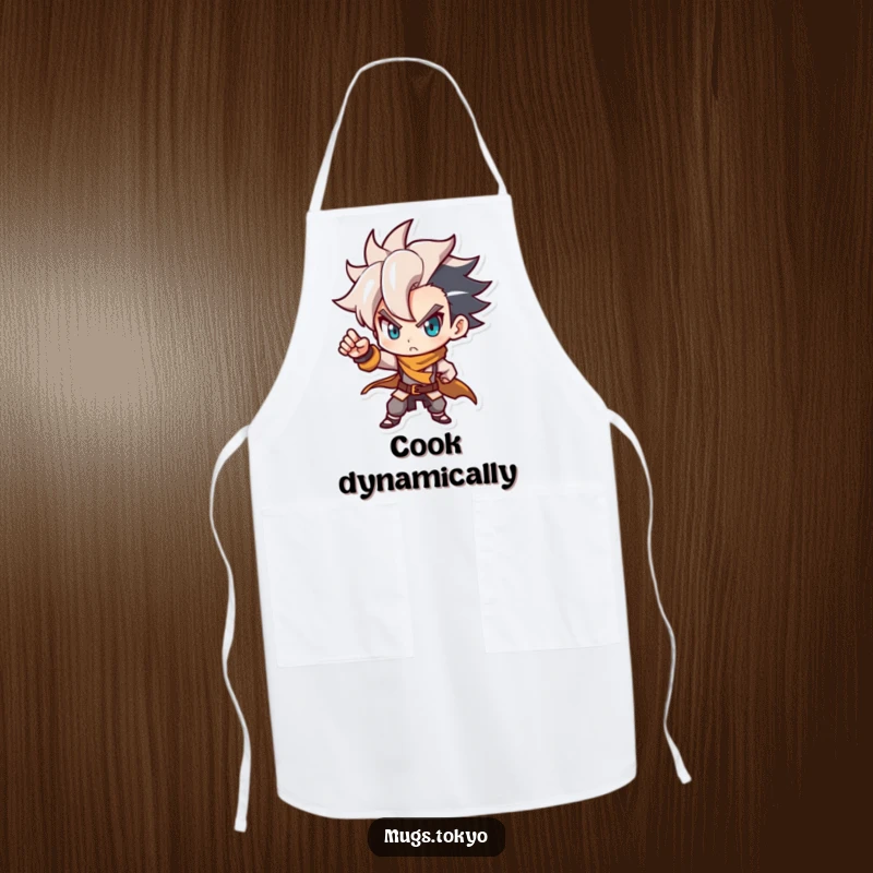 Funny apron featuring a determined character with a stylish haircut, posing dynamically. Humorous and functional kitchen wear.