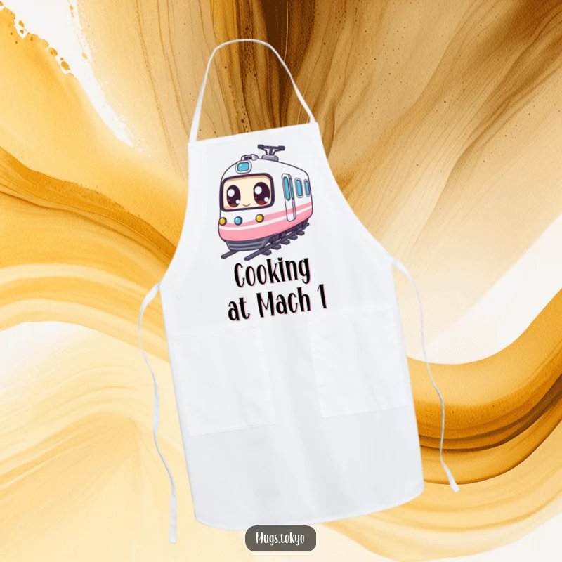 Funny Apron: Expressive eyed character happily riding a miniature bullet train, adding a fun flair to cooking.