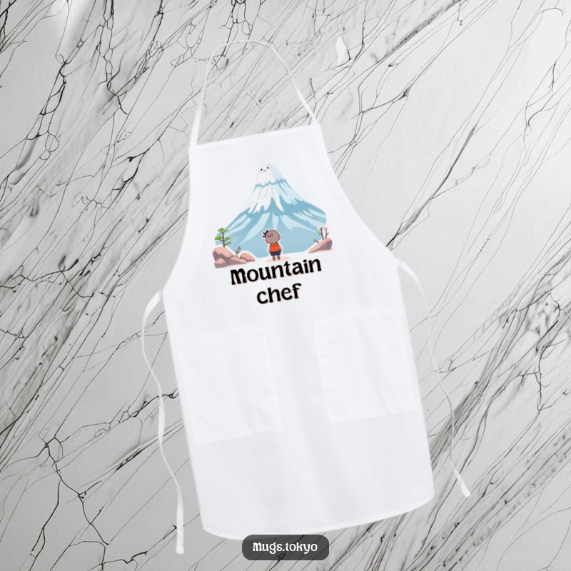 Funny apron illustration of a character admiring a smiling Mount Fuji, perfect for adding humor to cooking and baking.