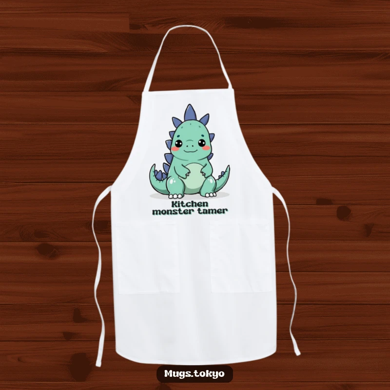 Funny apron showing a character making a silly face to surprise a small Godzilla, perfect for a humorous kitchen.