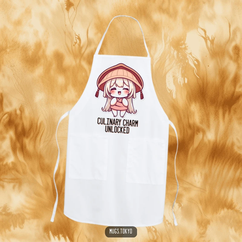 Funny Apron depicting a character in a traditional Japanese hat with a playful wink, ideal for cooking and humorous kitchen wear.