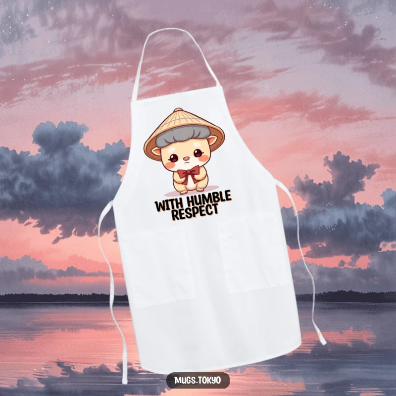 Funny Apron featuring a cute creature in a Japanese hat bowing shyly, perfect for cooking with a touch of polite grace.
