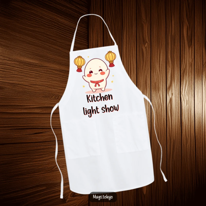 Funny apron with a cheerful mochi character, rosy cheeks, juggling illuminated lanterns, adding playful spirit to kitchen tasks.