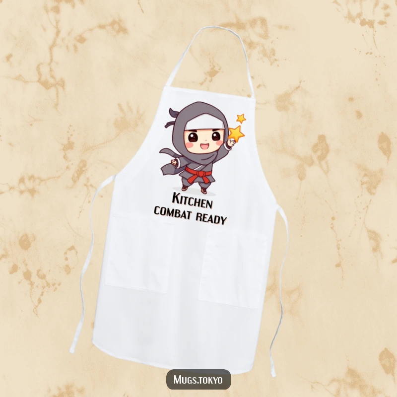 Funny Apron: A grinning ninja playfully tossing a throwing star, perfect for protecting clothes with ninja flair.