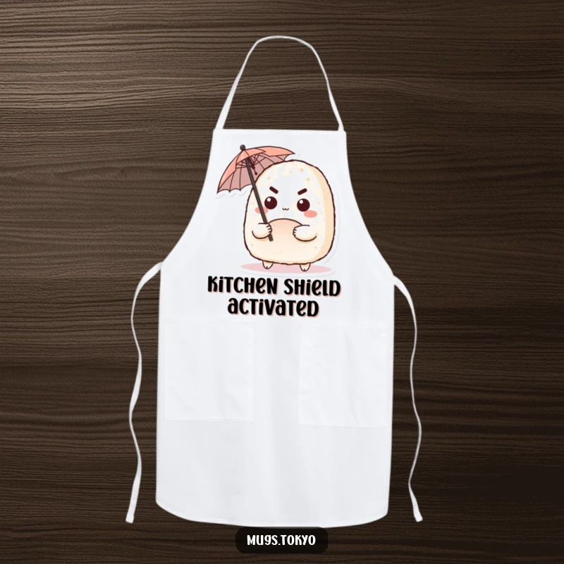 Funny apron featuring a cute onigiri character with a determined expression, wielding a tiny umbrella, perfect for cooking.