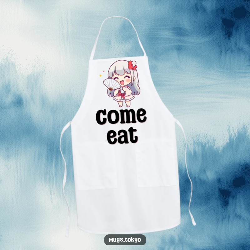 Funny apron featuring a cheerful character with a paper fan, playfully beckoning. Humorous and functional kitchen wear.