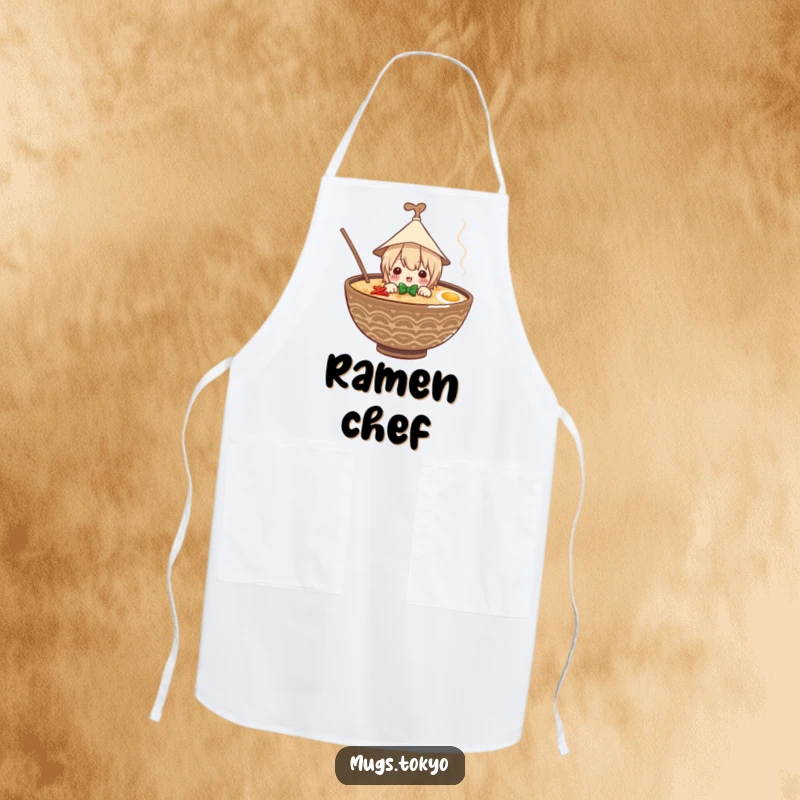Funny apron with a happy character in a paper hat peeking from a ramen bowl, perfect for ramen cooking and noodle lovers.