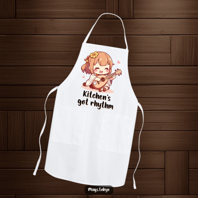 Funny shamisen player apron, showing a cook character happily strumming a miniature shamisen, perfect for a humorous kitchen experience.