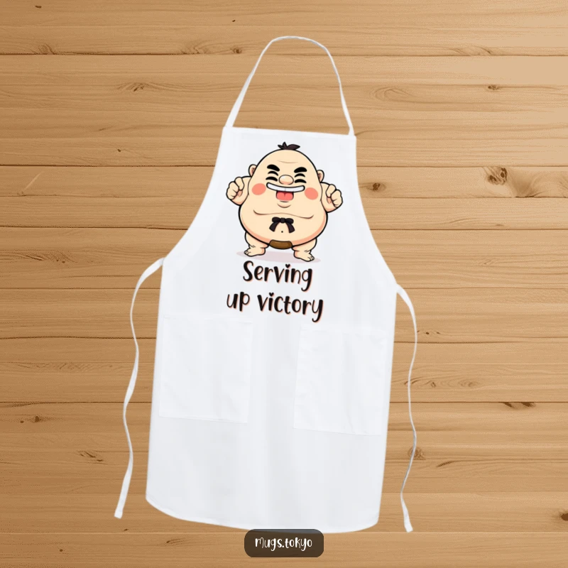 Funny Apron displaying a proud sumo wrestler character with a side-splitting grin, perfect for cooking and humorous kitchen adventures.