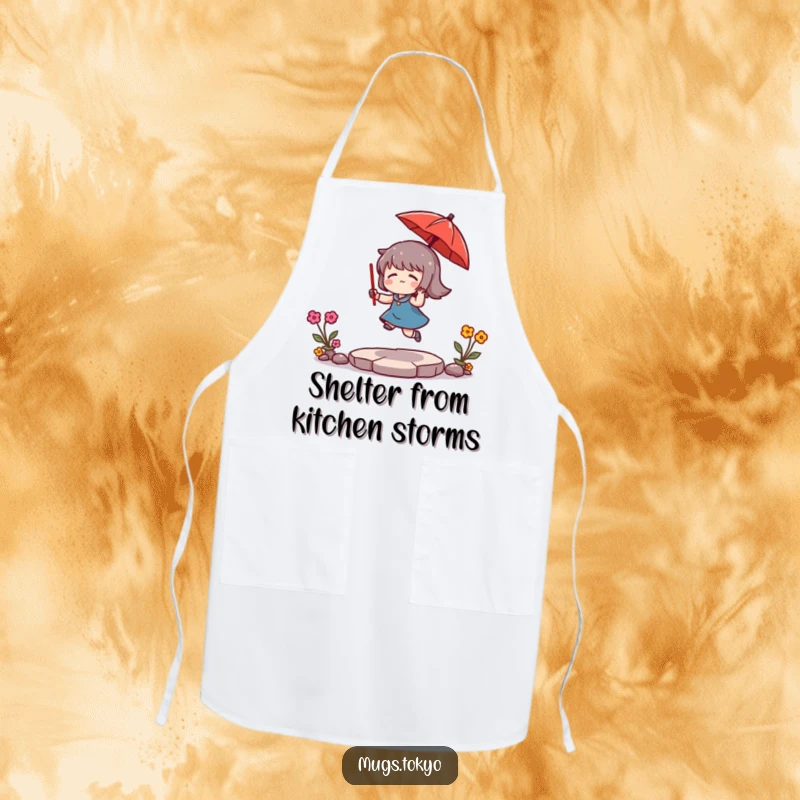 Funny Apron: A character humorously bounces a tiny red umbrella while cooking, adding a splash of fun to kitchen tasks.