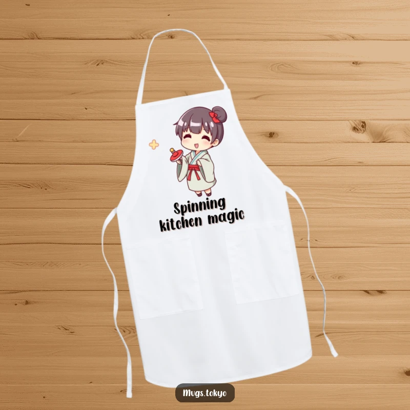 Funny yukata spinner apron, a character in a yukata happily spinning a top, a humorous and practical kitchen essential.