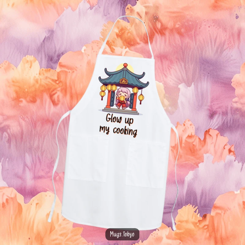 Funny apron showing a character juggling glowing lanterns under a stylized temple roof, bringing a mystical touch to cooking.