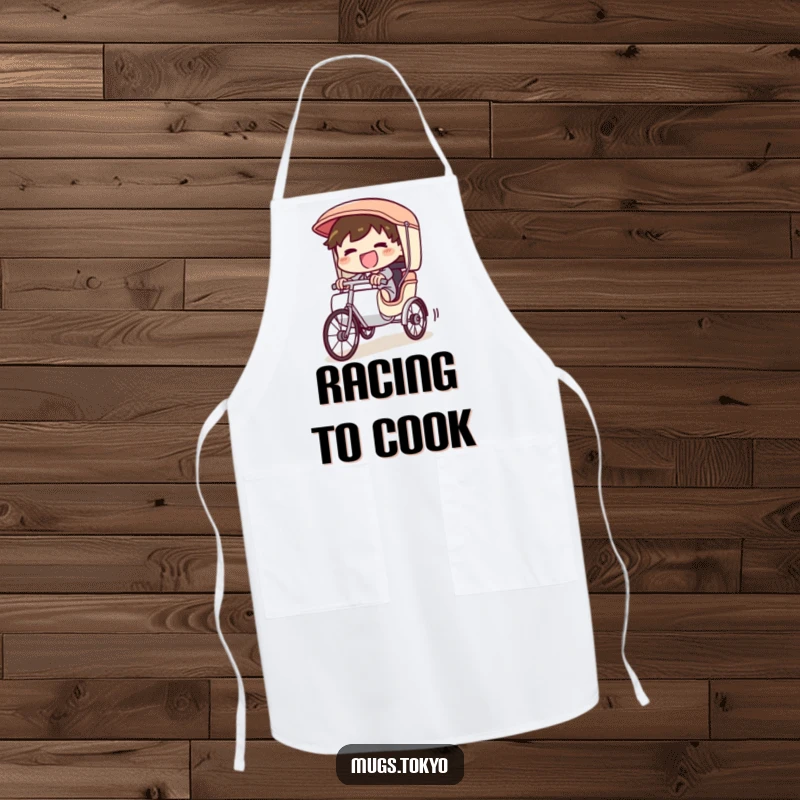 Funny Apron featuring a giggling character furiously pedaling a rickshaw downhill, perfect for cooking with a sense of speed.