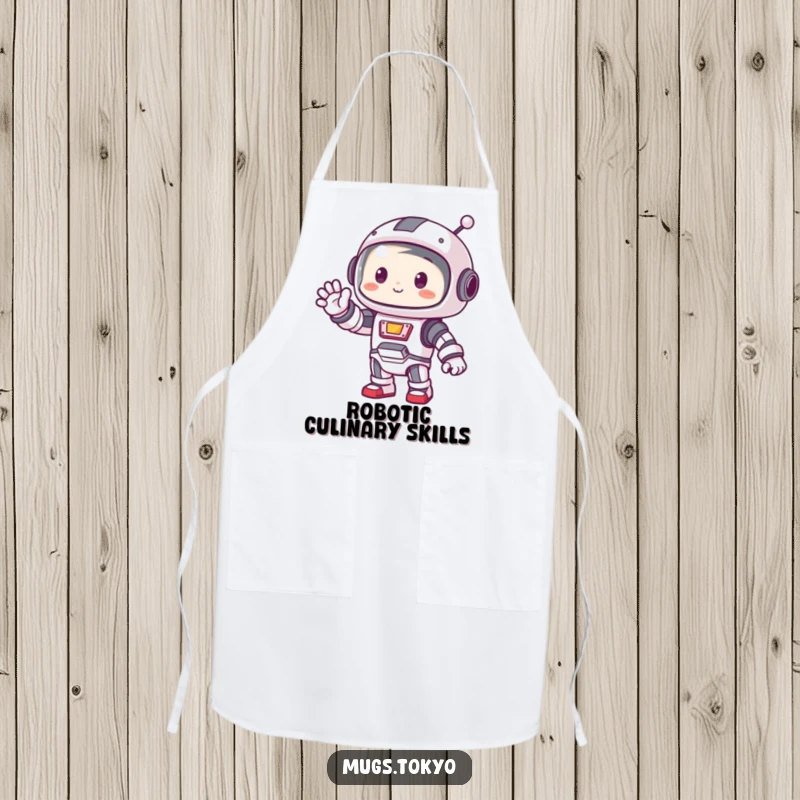 Funny apron design of a cute character wearing a mini robot costume and waving hello.