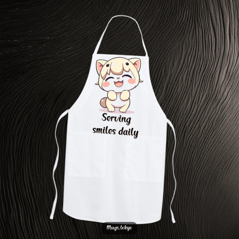 Funny apron showing a character bowing cheerfully with a broad grin, perfect for a humorous and gracious experience in the kitchen.