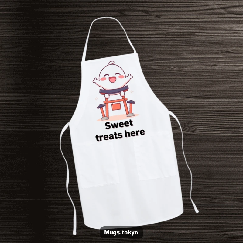 Funny apron featuring a bouncy dango character with a wide grin, leaping over a miniature shrine gate, perfect for cooking.