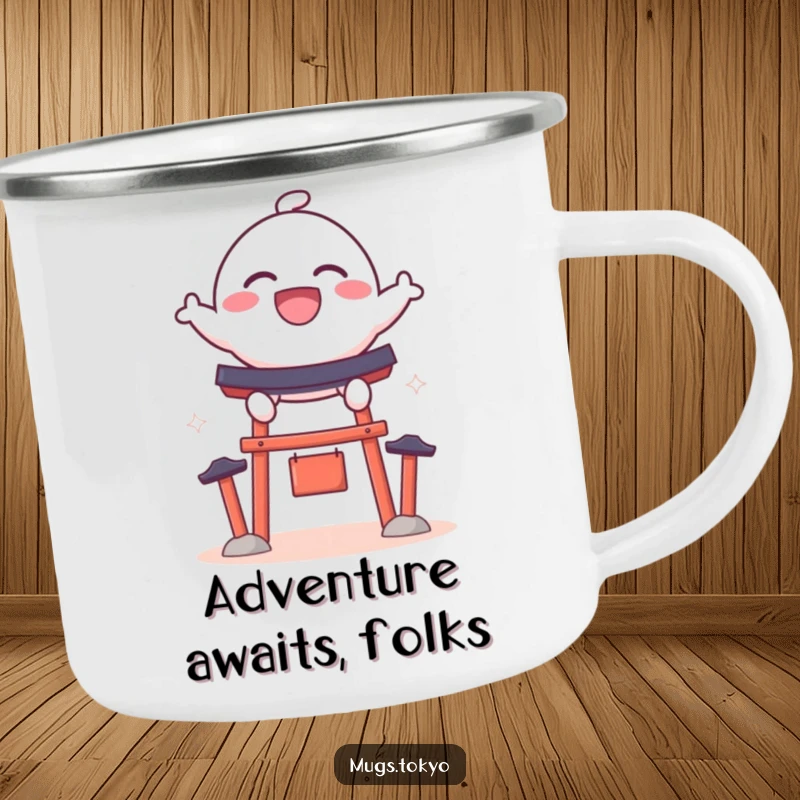 Funny camping mug with a bouncy dango character with a wide grin, leaping over a miniature shrine gate, for outdoor fun.