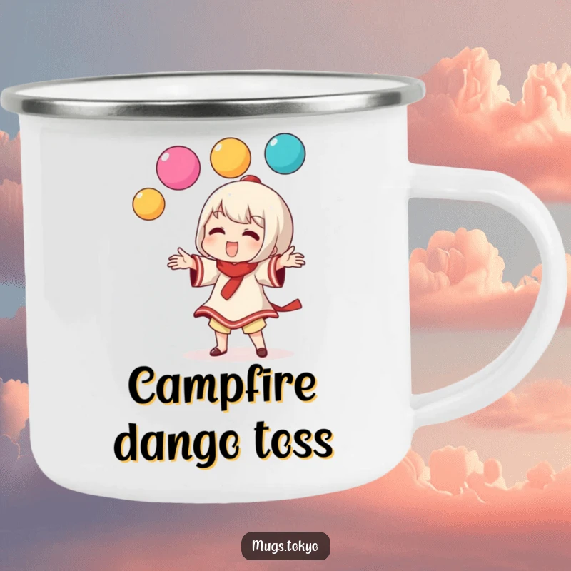 Funny camping mug showing a character playfully juggling colorful dango balls, ideal for outdoor enjoyment.
