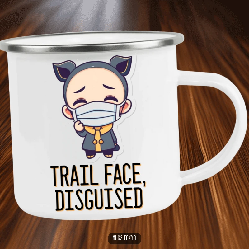 Funny camping mug showing a character wearing a tiny mask and making a funny face, ideal for outdoor amusement.