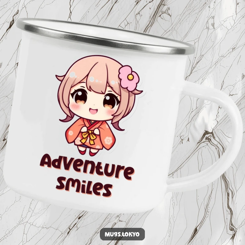 Funny camping mug featuring a cute character in a kimono, wide eyes, and a joyful smile. Durable and humorous for outdoor use.