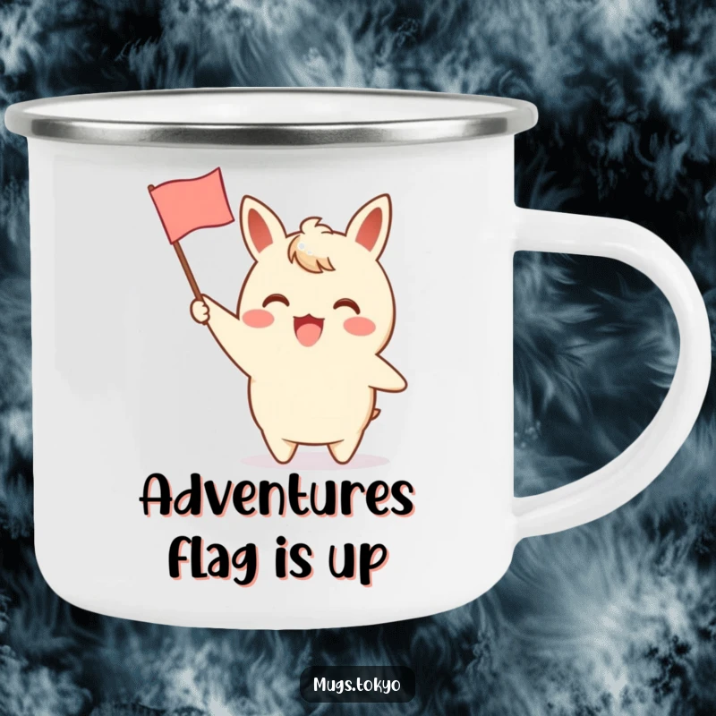 Funny enamel camping mug featuring an excited character waving a small paper flag with a charming design, ideal for cheerful outdoor enjoyment.