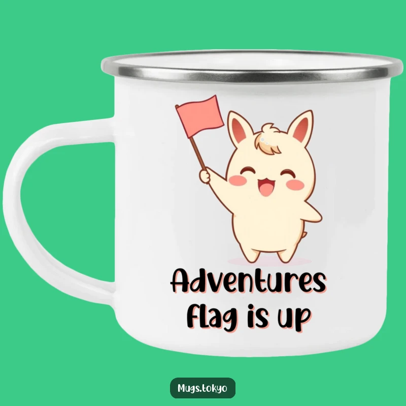 Funny Enamel Camping Mug: Waving Flag Character, Cheerful Outdoor Gift!