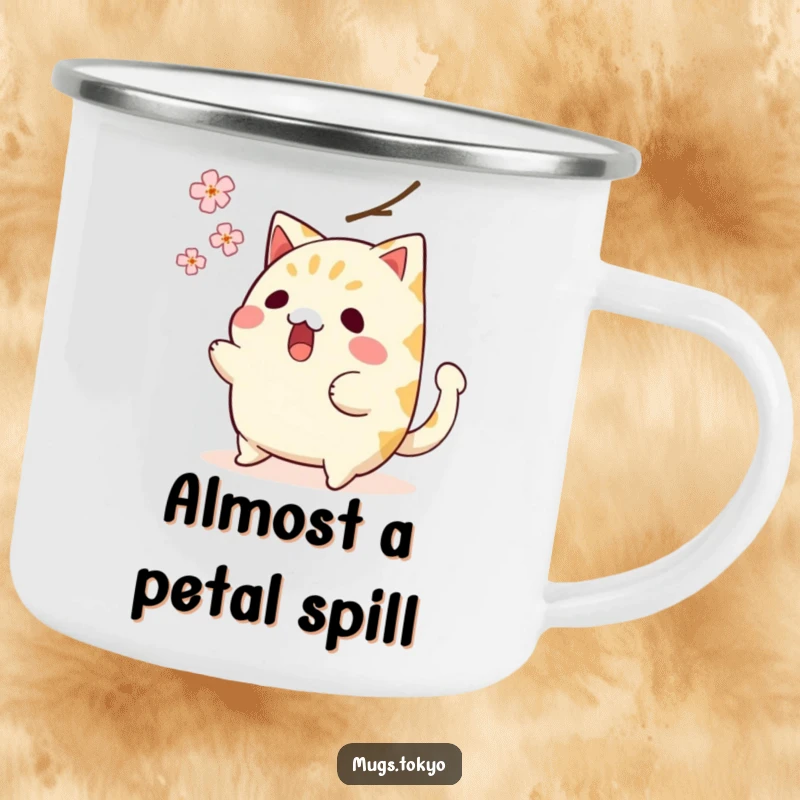 Funny camping mug featuring a surprised taiyaki character, tail wagging, avoiding a falling cherry blossom, perfect for outdoor laughs.