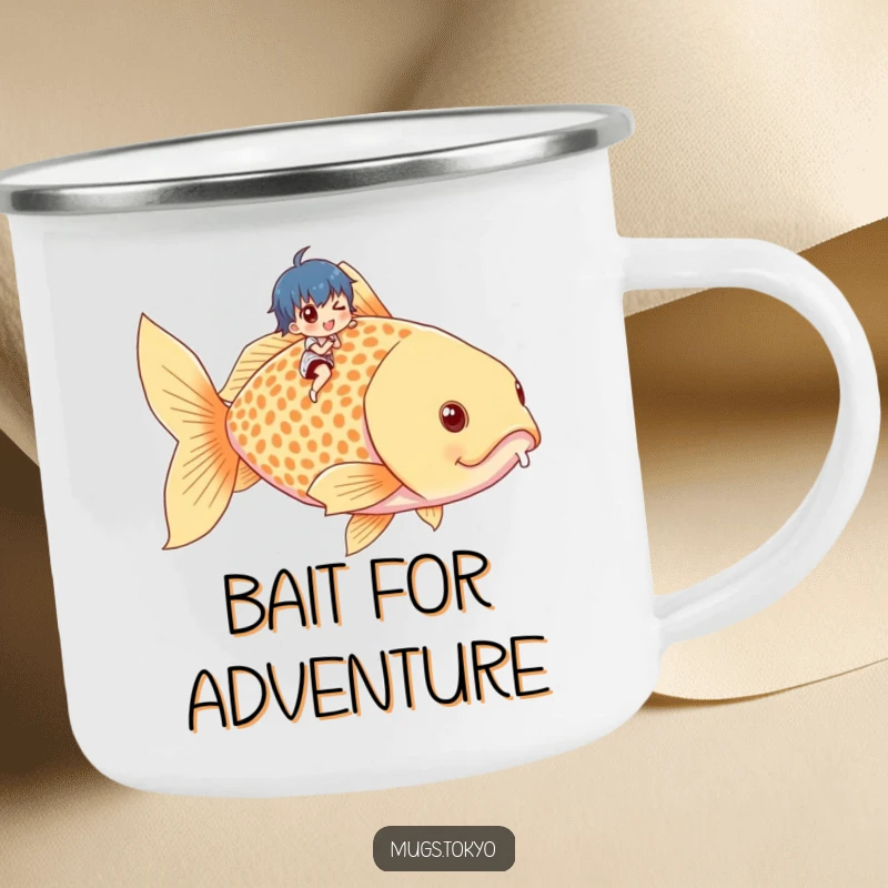 Funny camping mug featuring a tiny character riding a giant goldfish, perfect for outdoor humor and coffee.