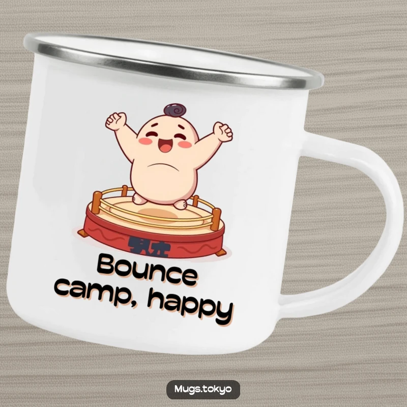 Funny camping mug with a character cheerfully bouncing on a small sumo ring, durable and humorous.