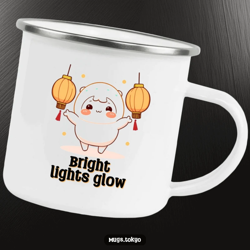 Funny cheerful mochi character juggling glowing lanterns on a sturdy camping mug.