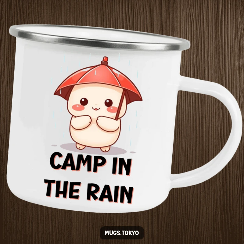 Funny camping mug with a cute dumpling character holding a tiny red umbrella, peeking from the rain, perfect for outdoor charm.