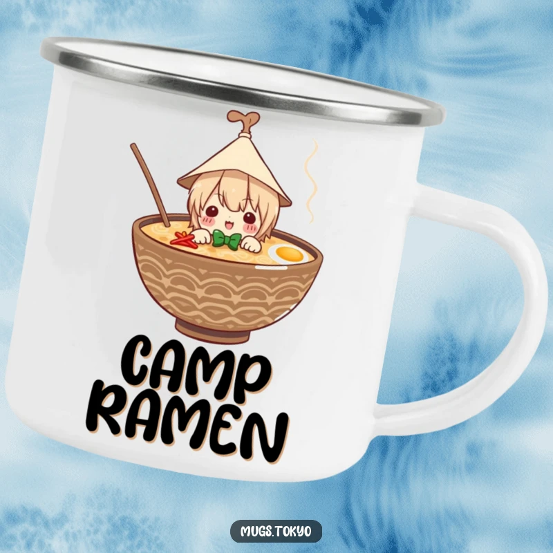 Funny camping mug with a happy character in a paper hat peeking from a ramen bowl, perfect for enjoying soup outdoors.