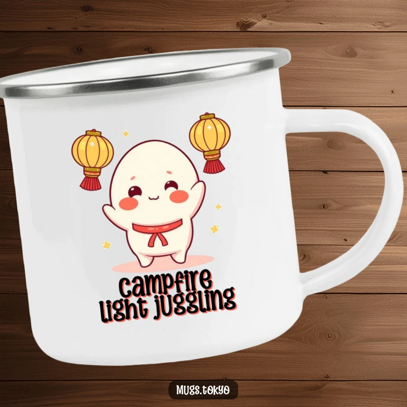 Funny camping mug with a cheerful mochi character, rosy cheeks, juggling illuminated lanterns, perfect for adding fun to outdoor trips.