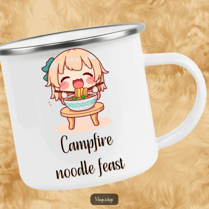 Funny camping mug depicting a character enthusiastically eating a steaming bowl of noodles during an outdoor adventure.