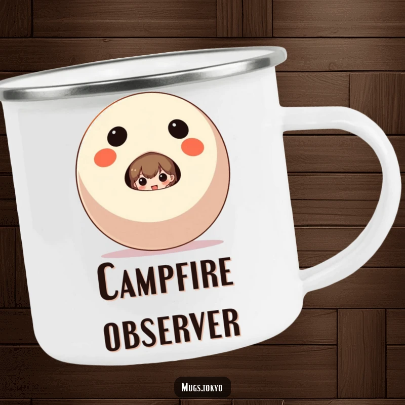 Funny Camping Mug showing a character peeking from behind a large Daruma doll, for humorous outdoor enjoyment.