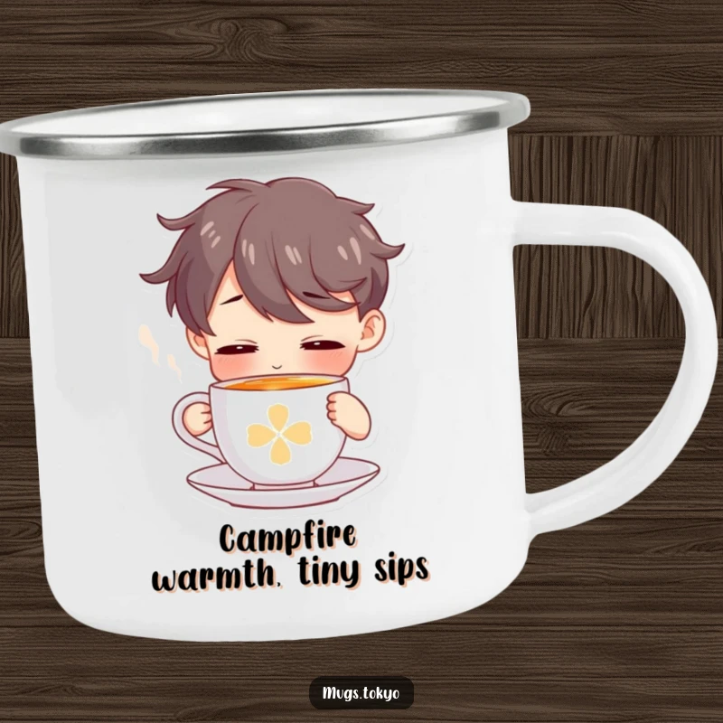 Funny camping mug showing a character enjoying a tiny, steaming tea cup, perfect for outdoor relaxation.