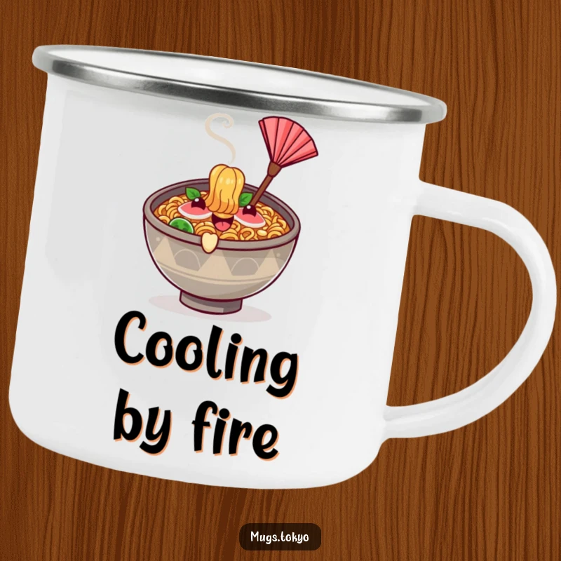 Funny happy ramen bowl character with steam rising, waving a tiny fan on a sturdy camping mug.