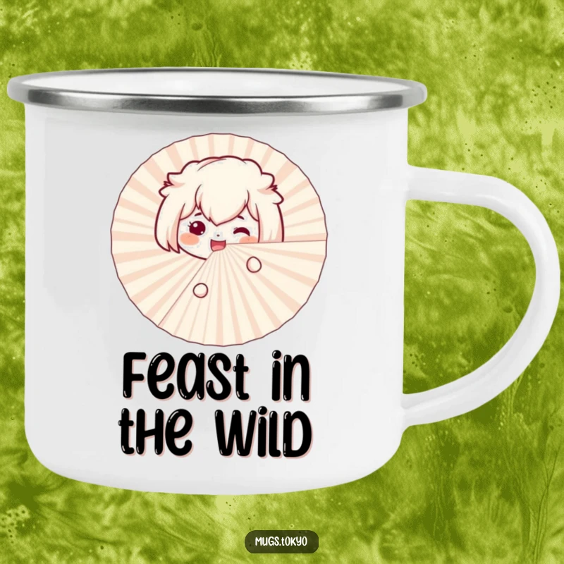Funny bento box camping mug with a smiling character excitedly peeking from behind a large paper fan, for outdoor fun.