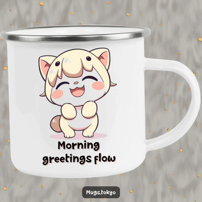 Funny camping mug with a character cheerfully bowing with a broad grin, perfect for enjoying beverages outdoors with a dose of gracious humor.